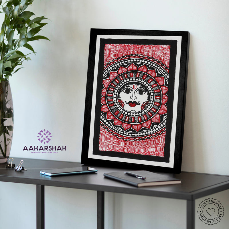 Handmade Madhubani sun Painting 8x12 Inch Framed Indian Wall Decor