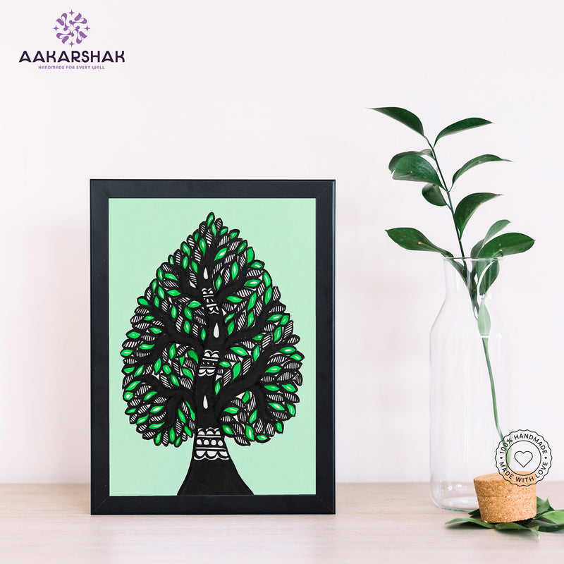 Handmade Madhubani tree of life painting-with tabletop stand for home decor