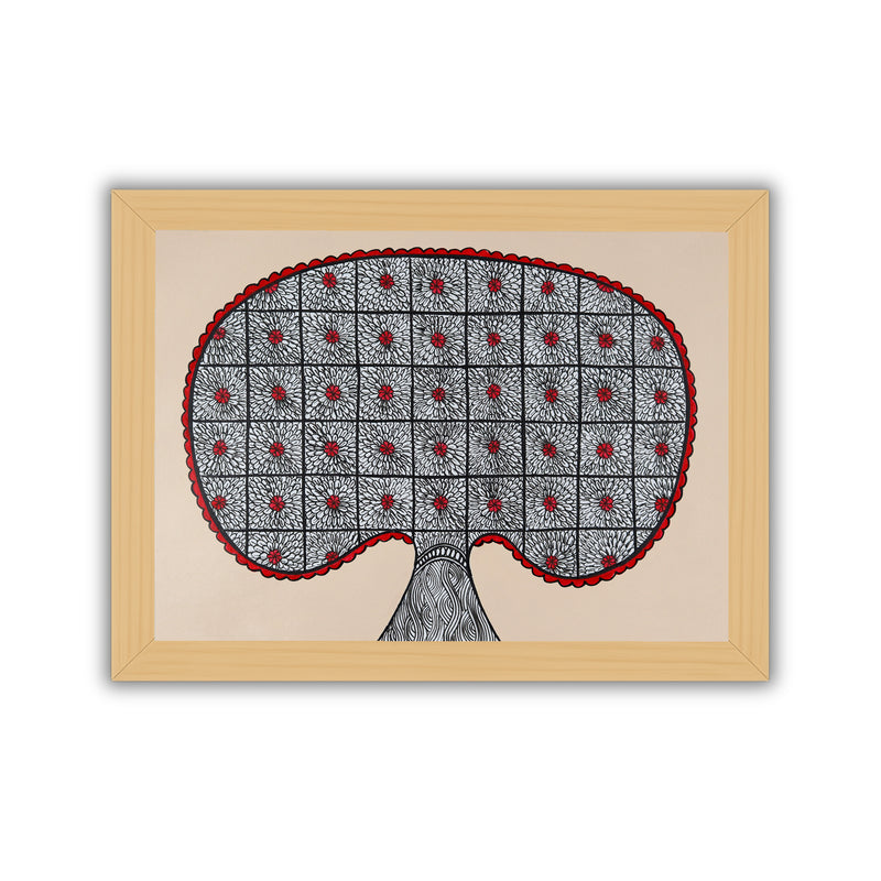 Framed artwork of a colorful tree of life-with handmade madhubani painting