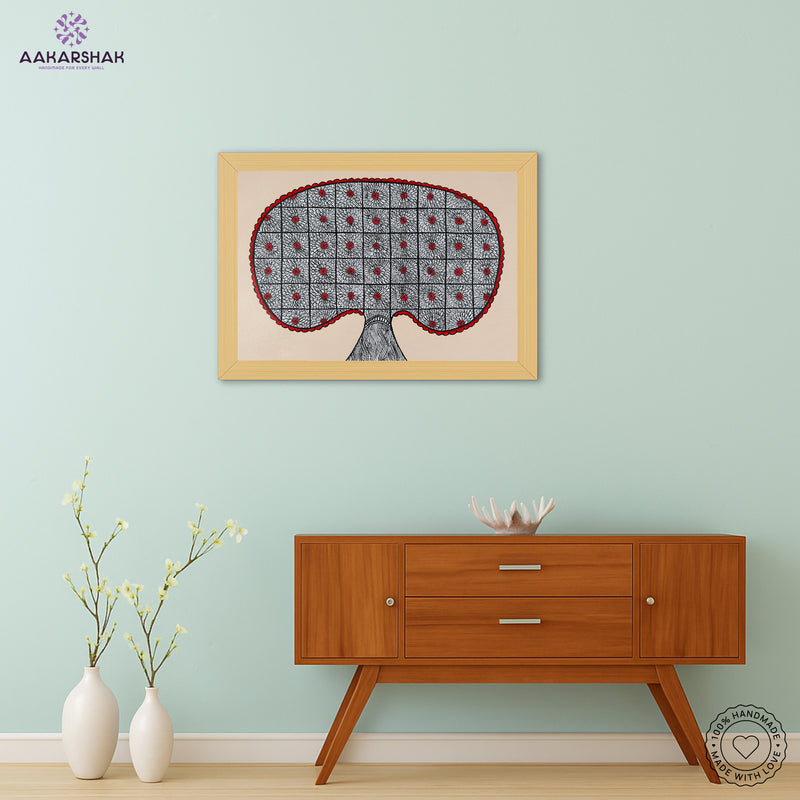 Framed artwork with peacock design -handmade madhubani painting for home decor