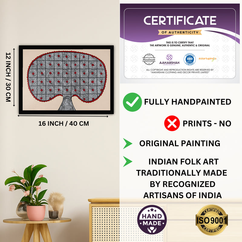 Framed artwork with dimensions, authenticity certificate and handmade iso certified-tree of life madhubani painting