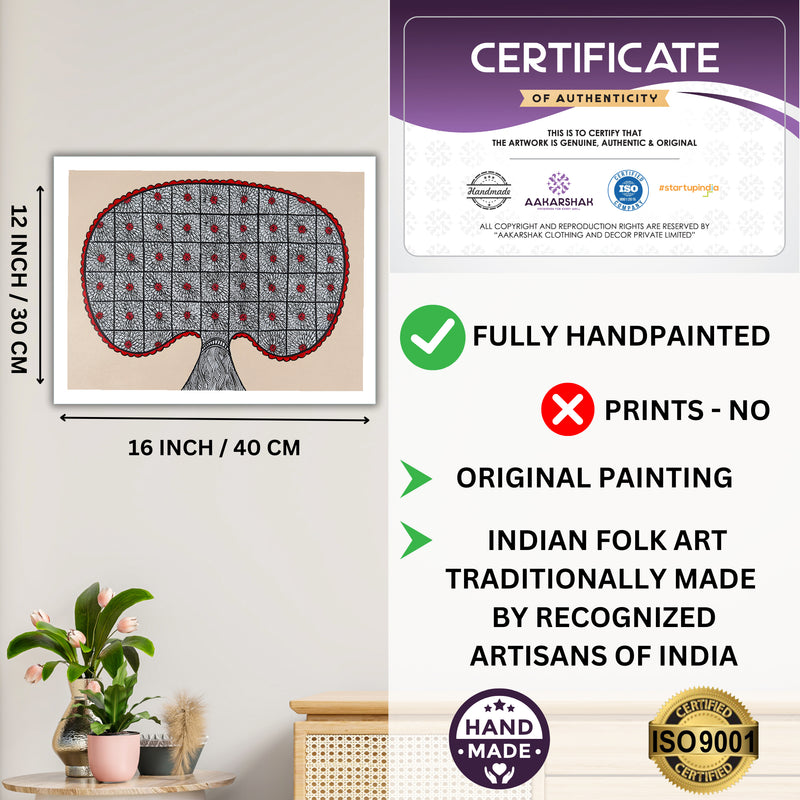 Framed artwork with dimensions, authenticity certificate and handmade iso certified-tree of life madhubani painting