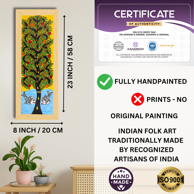 Framed artwork with dimensions, authenticity certificate and handmade iso certified-tree of life madhubani painting