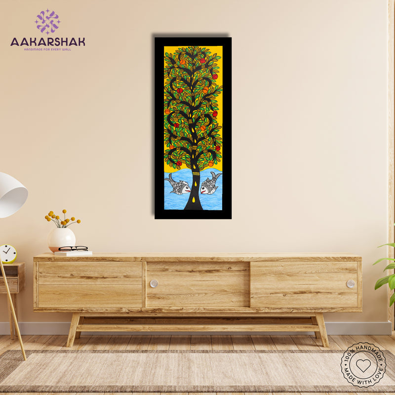 Framed artwork with tree of life design -handmade madhubani painting for home decor