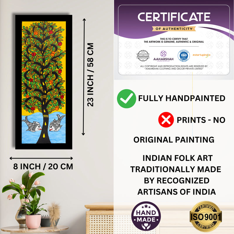 Framed artwork with dimensions, authenticity certificate and handmade iso certified-tree of life madhubani painting