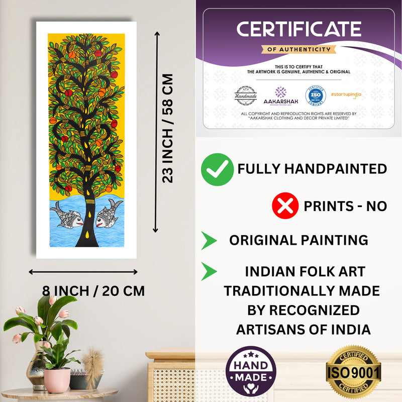 Framed artwork with dimensions, authenticity certificate and handmade iso certified-tree of life madhubani painting
