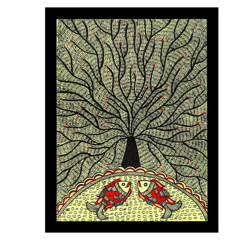 Framed artwork of a colorful tree of life-with handmade madhubani painting