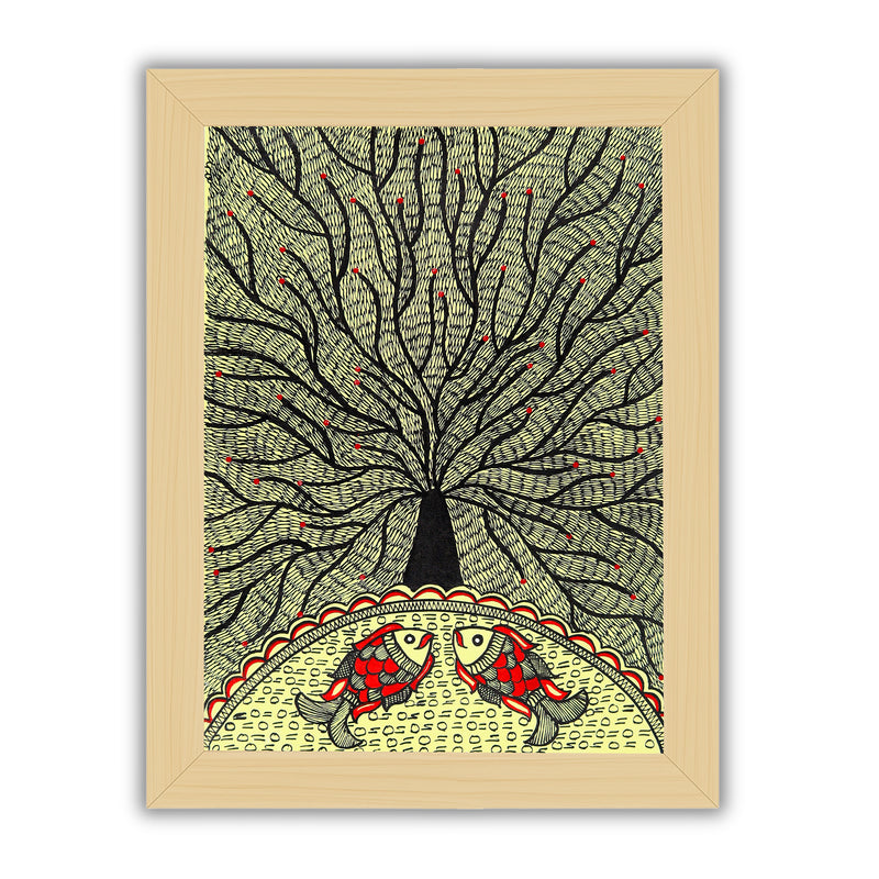 Framed artwork of a colorful tree of life-with handmade madhubani painting