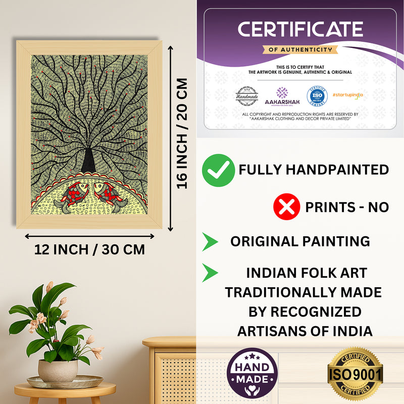 Framed artwork with dimensions, authenticity certificate and handmade iso certified-tree of life madhubani painting