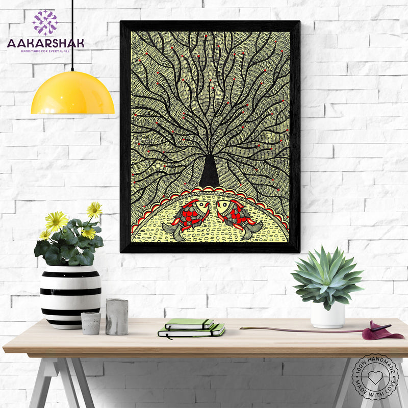 Framed artwork with tree of life design -handmade madhubani painting for home decor