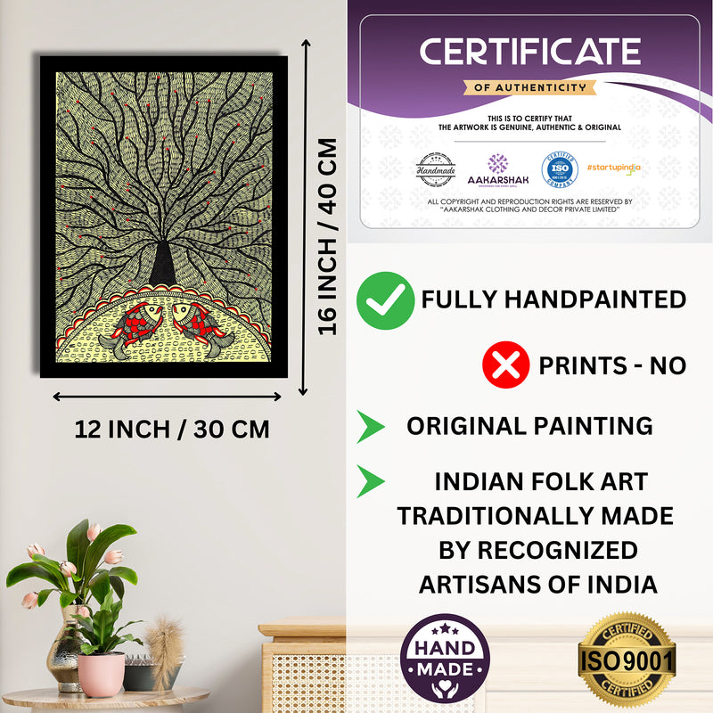 Framed artwork with dimensions, authenticity certificate and handmade iso certified-tree of life madhubani painting