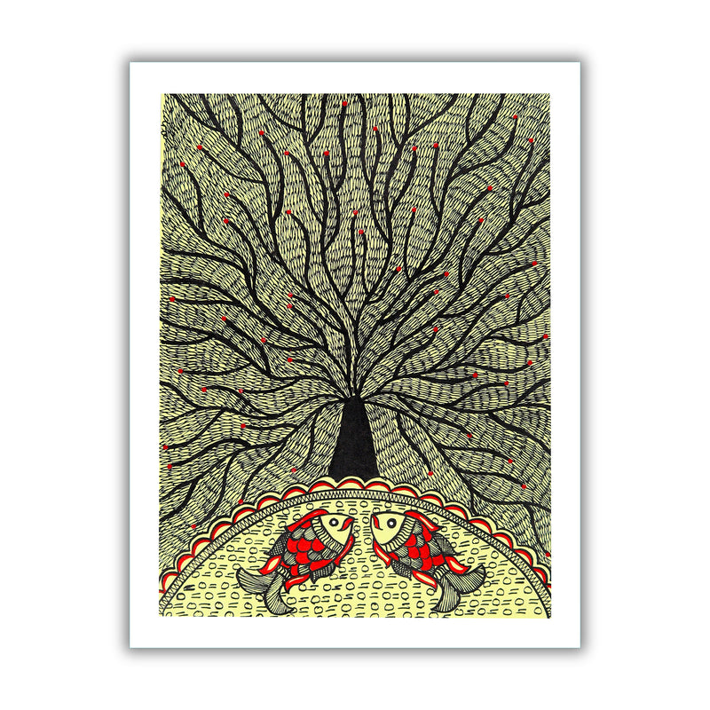 Framed artwork of a colorful tree of life-with handmade madhubani painting
