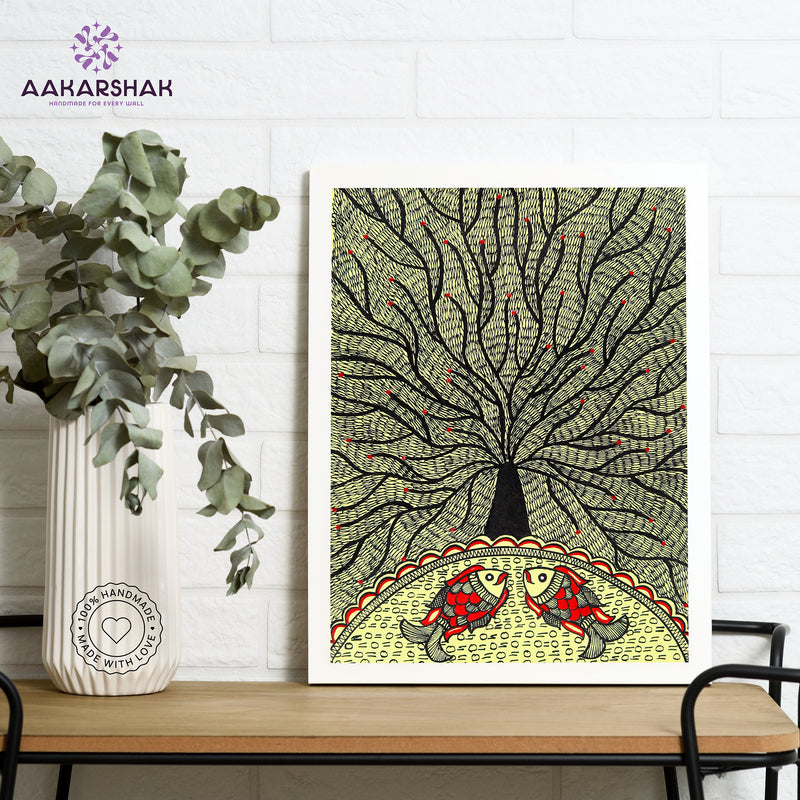 Framed artwork with tree of life design -handmade madhubani painting for home decor