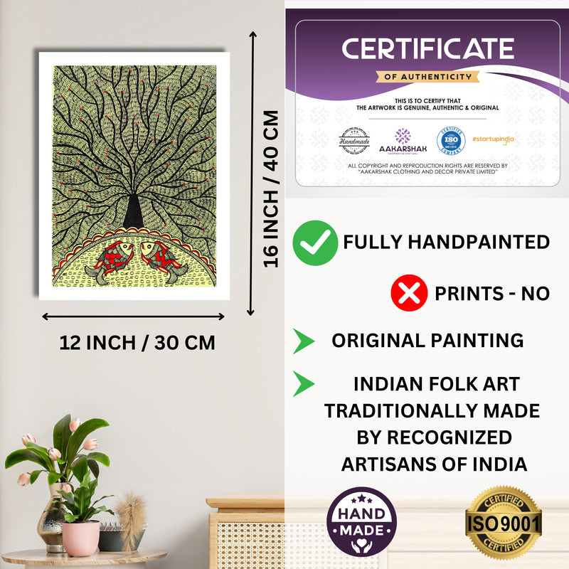Framed artwork with dimensions, authenticity certificate and handmade iso certified-tree of life madhubani painting