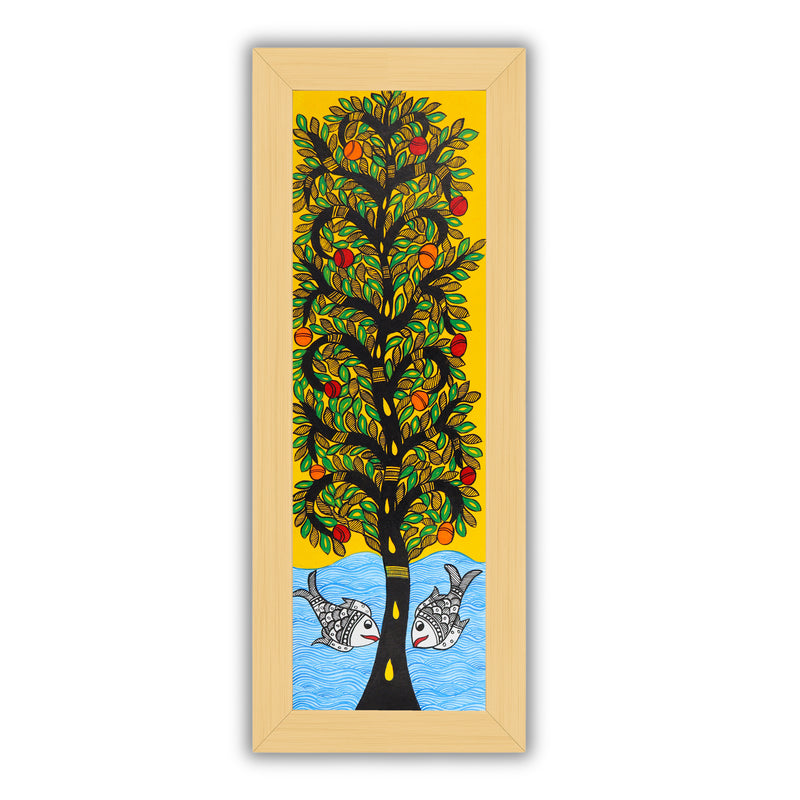 Framed artwork of a colorful tree of life-with handmade madhubani painting
