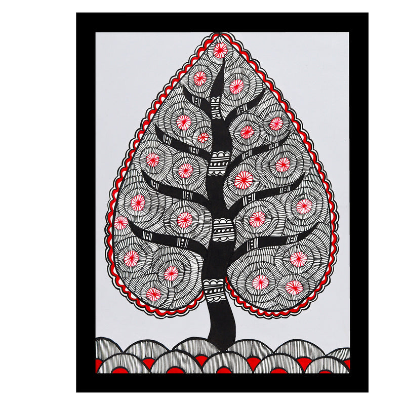 Framed artwork of a colorful tree of life-with handmade madhubani painting