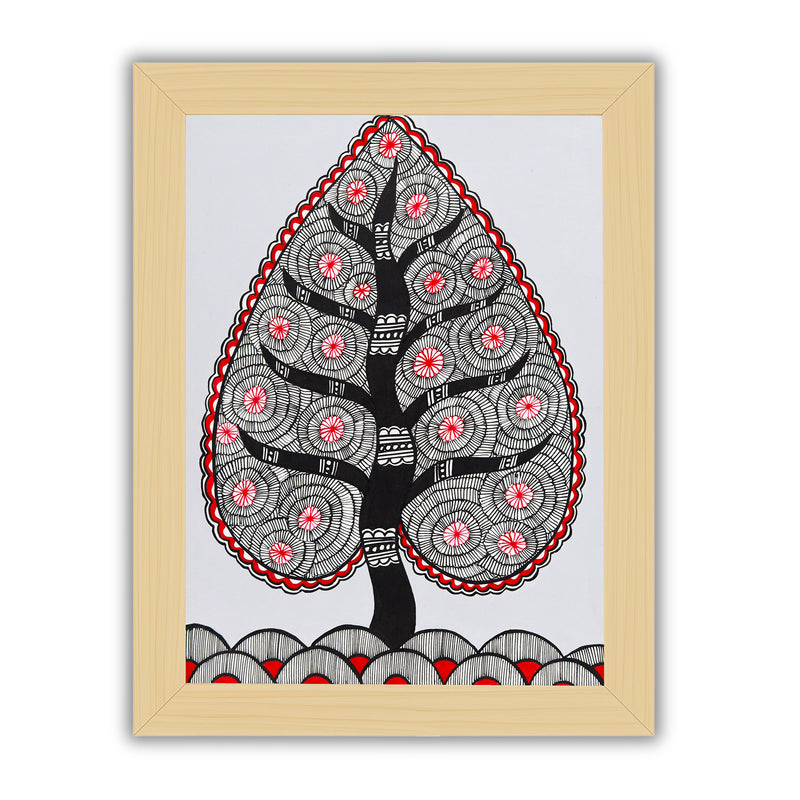 Framed artwork of a colorful tree of life-with handmade madhubani painting