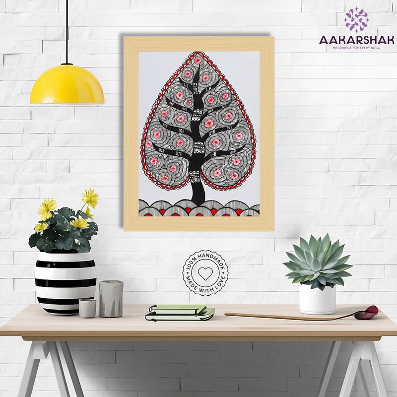 Framed artwork with tree of life design -handmade madhubani painting for home decor