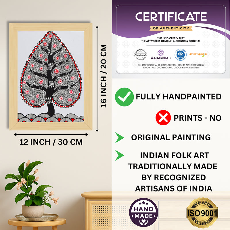 Framed artwork with tree of life design -handmade madhubani painting for home decor