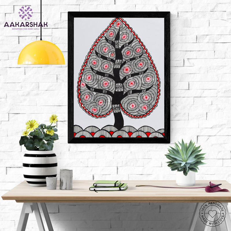 Framed artwork with tree of life design -handmade madhubani painting for home decor