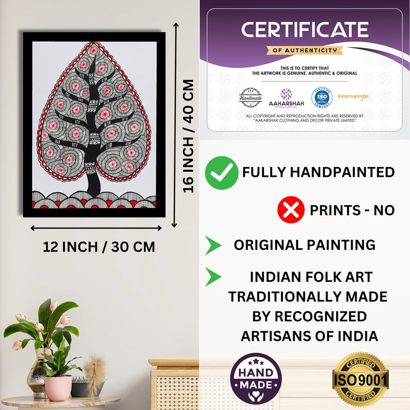 Framed artwork with dimensions, authenticity certificate and handmade iso certified-tree of life madhubani painting