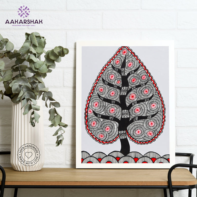 Framed artwork with tree of life design -handmade madhubani painting for home decor
