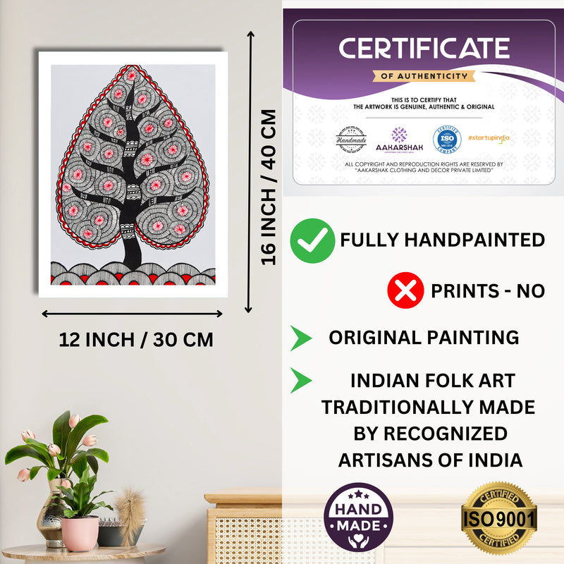 Framed artwork with dimensions, authenticity certificate and handmade iso certified-tree of life madhubani painting