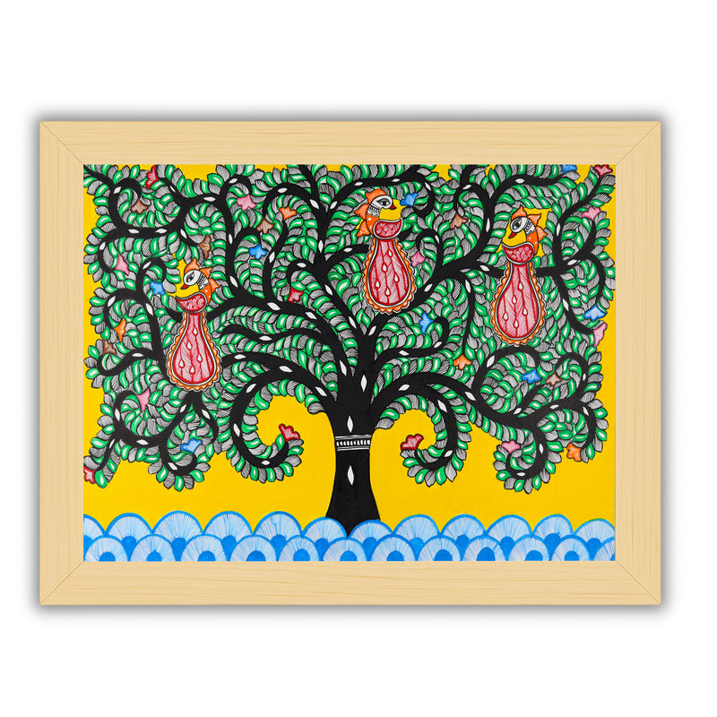 Framed artwork of a colorful tree of life-with handmade madhubani