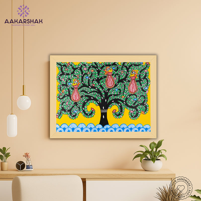 Framed artwork with tree of life design -handmade madhubani painting for home decor