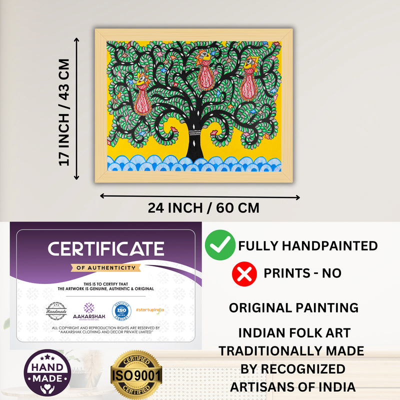 Framed artwork with dimensions, authenticity certificate and handmade iso certified-tree of life madhubani painting