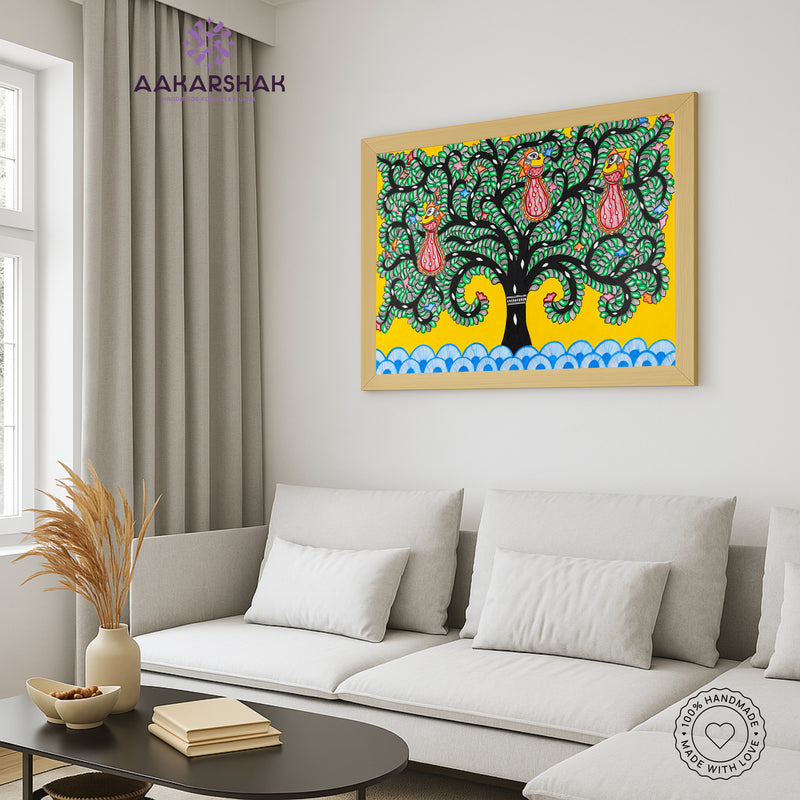 vibrant handmade tree of life painting-depicting indian folk