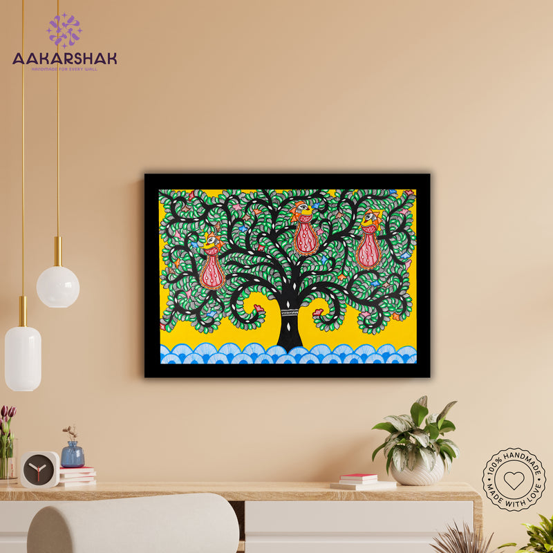 Framed artwork with tree of life design -handmade madhubani painting for home decor