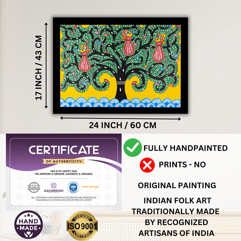Framed artwork with dimensions, authenticity certificate and handmade iso certified-tree of life madhubani painting