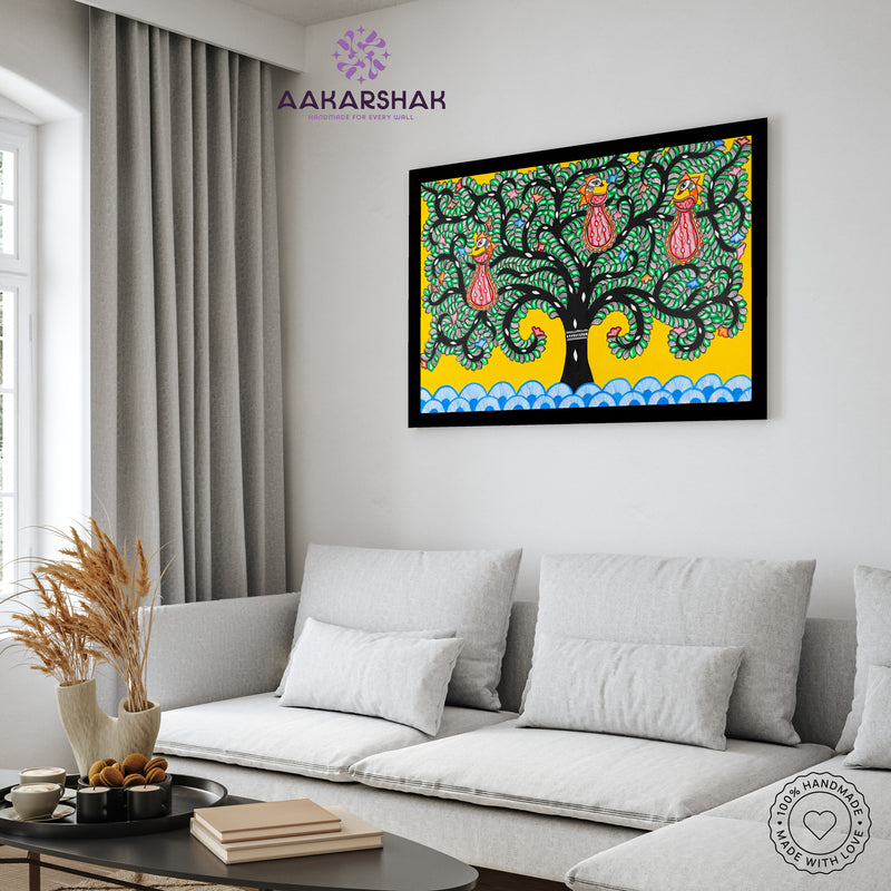 vibrant handmade tree of life painting-depicting indian folk