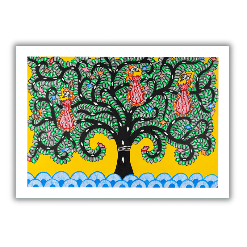 Framed artwork of a colorful tree of life-with handmade madhubani