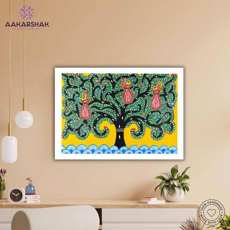 Framed artwork with tree of life design -handmade madhubani painting for home decor
