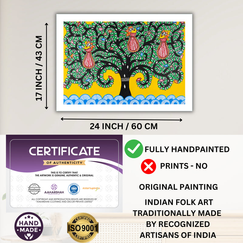 Framed artwork with dimensions, authenticity certificate and handmade iso certified-tree of life madhubani painting
