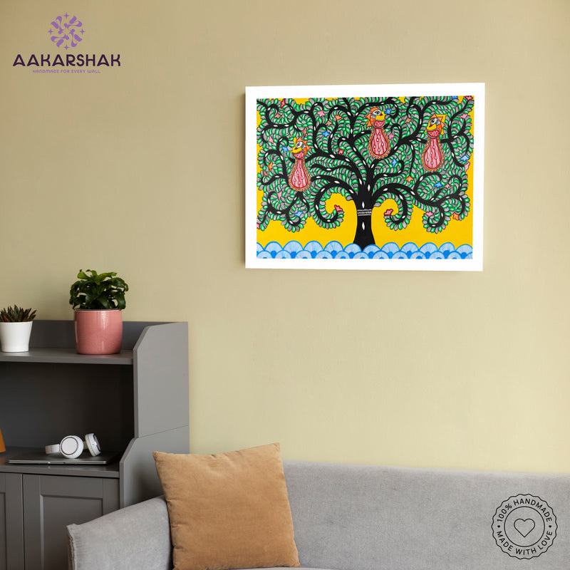 vibrant handmade tree of life painting-depicting indian folk