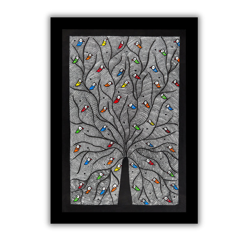 Framed artwork of a colorful tree of life-with handmade madhubani painting