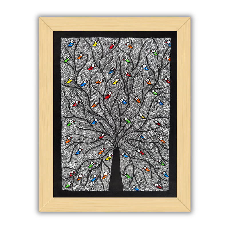 Framed artwork of a colorful tree of life-with handmade madhubani painting
