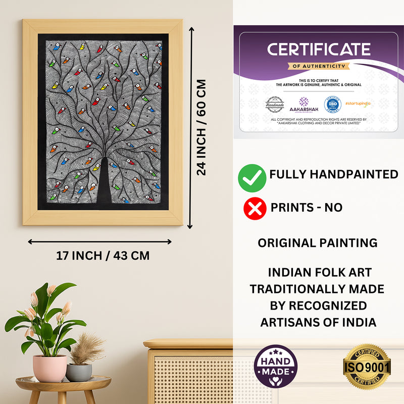 Framed artwork with dimensions, authenticity certificate and handmade iso certified-tree of life madhubani painting
