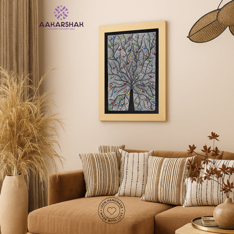 vibrant handmade peacock tree of life painting-depicting indian folk traditions