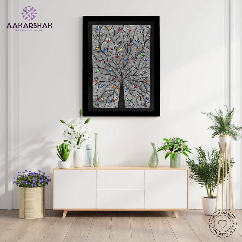 Framed artwork of a colorful tree of life-with handmade madhubani painting
