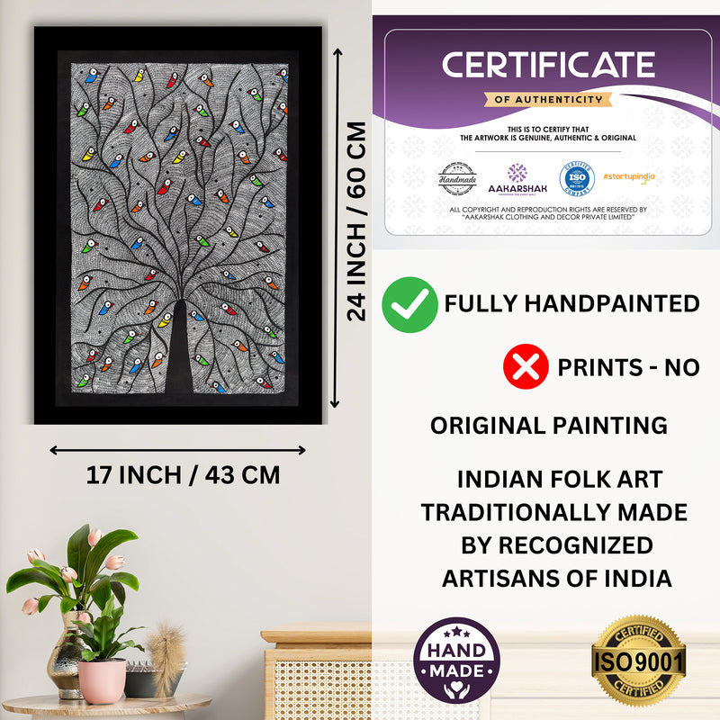 Framed artwork with dimensions, authenticity certificate and handmade iso certified-tree of life madhubani painting