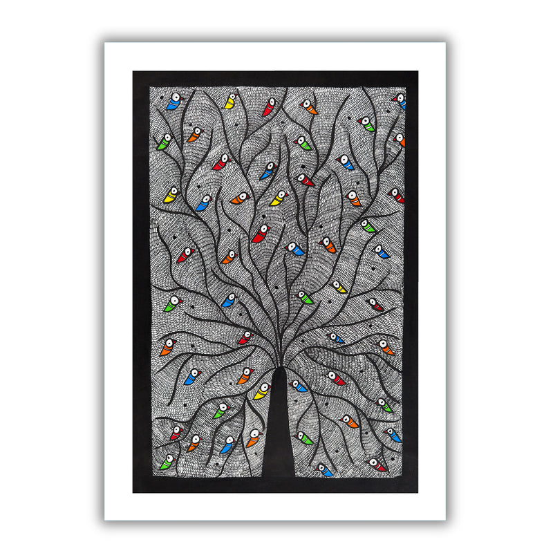 Framed artwork of a colorful tree of life-with handmade madhubani painting