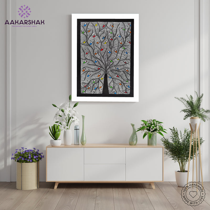 Framed artwork of a colorful tree of life-with handmade madhubani painting