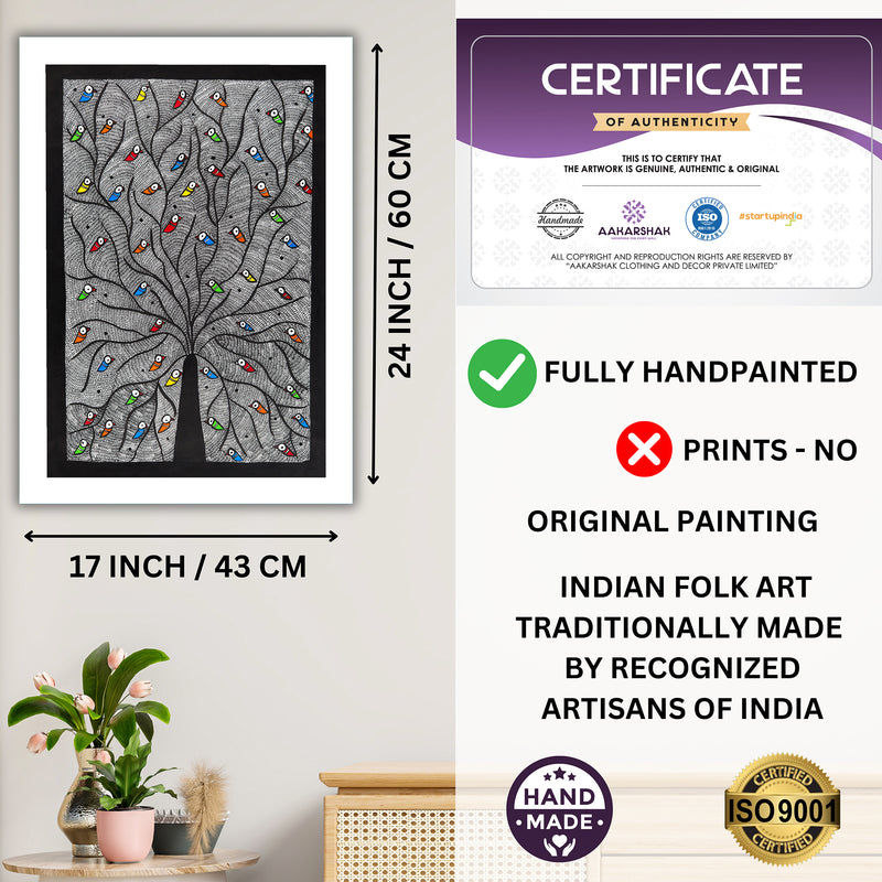Framed artwork with dimensions, authenticity certificate and handmade iso certified-tree of life madhubani painting