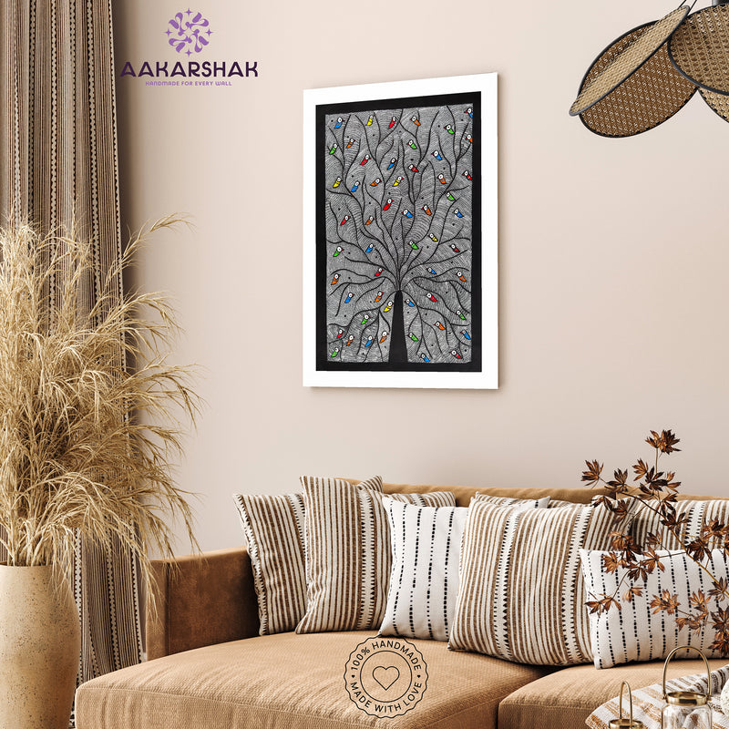 vibrant handmade peacock tree of life painting-depicting indian folk traditions