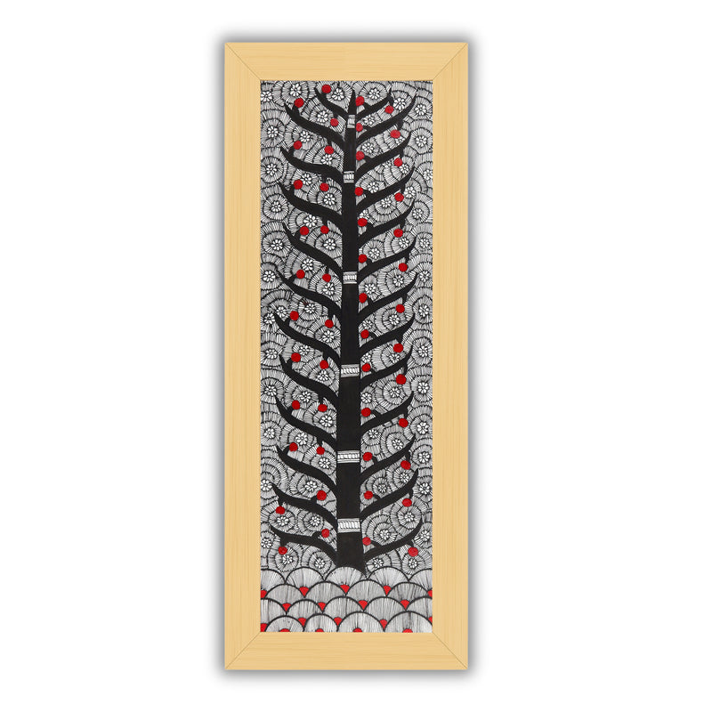 Framed artwork of a colorful tree of life-with handmade madhubani painting