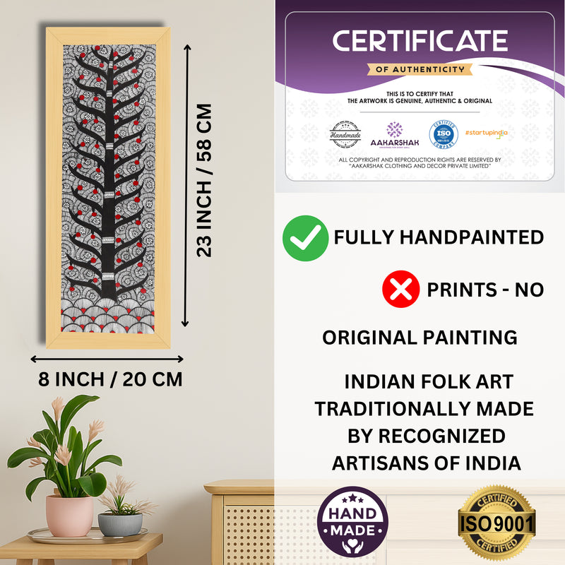 Framed artwork with dimensions, authenticity certificate and handmade iso certified-tree of life madhubani painting